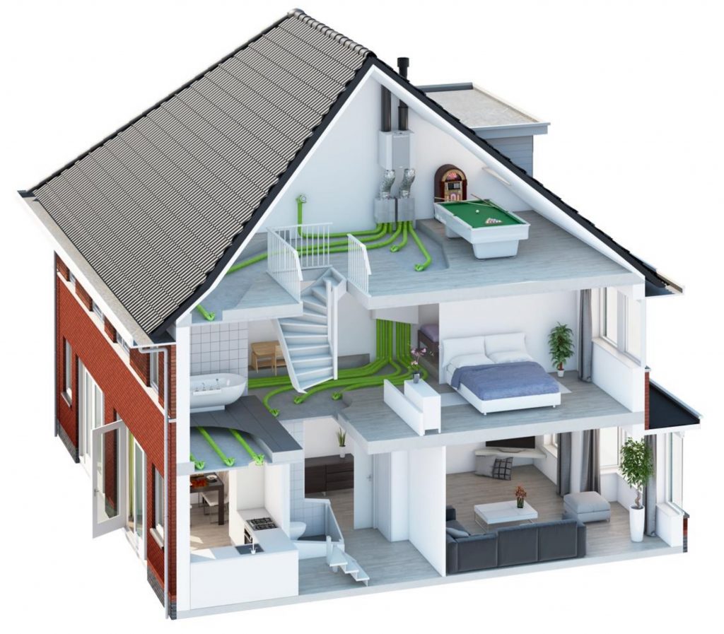 Cutaway of a house showing a typical/possible MVHR layout